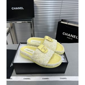 Chanel CC Logo Tweed Flat Slide Sandal Yellow