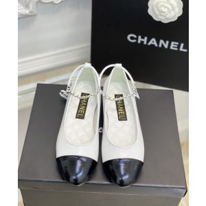 Chanel CC White Black Leather Ballet Flat