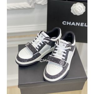Chanel CC White Leather and Gray Denim Sneaker