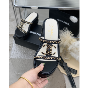 Chanel Chain CC Logo Leather Platform Wedge Sandal Black