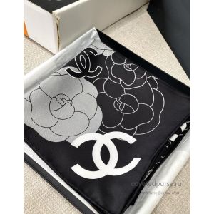 Chanel Double-Faced Camellia Silk Scarf Black White