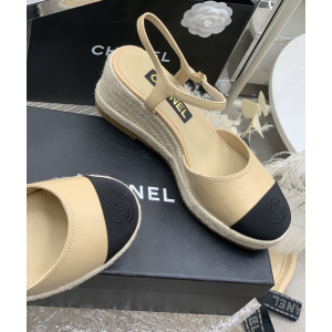Chanel Espadrille Wedge Leather Sandal Beige
