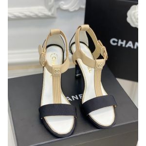 Chanel Leather and Cotton Heeled Sandal Beige