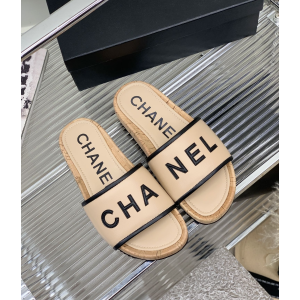 Chanel Monogram Leather Slide Flat Sandal Beige