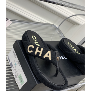 Chanel Monogram Tweed Thong Flat Sandal Black