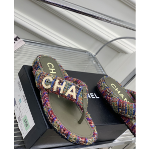 Chanel Monogram Tweed Thong Flat Sandal Green