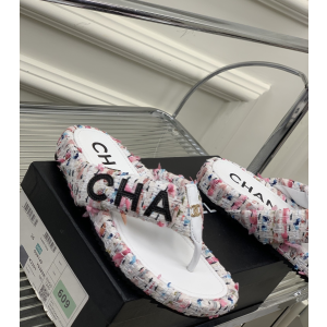 Chanel Monogram Tweed Thong Flat Sandal White Pink