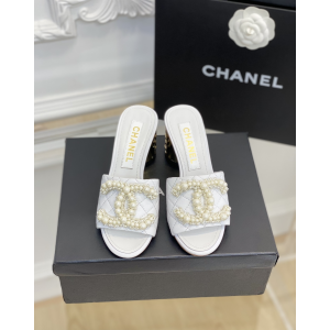 Chanel Pearls CC Quilted Leather Heeled Sandal White