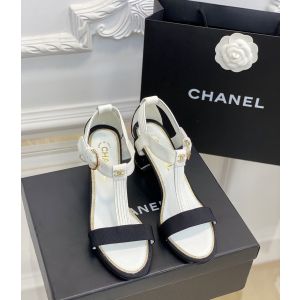 Chanel White Leather and Black Cotton Heeled Sandal