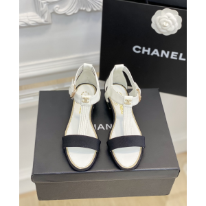 Chanel White Leather and Black Cotton Sandal