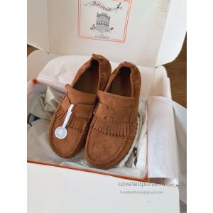 Hermes H Fringe Mules Brown Suede