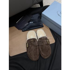 Prada Shearling Lined Buckle Mules Brown