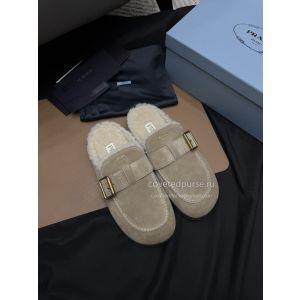 Prada Shearling Lined Buckle Mules Taupe