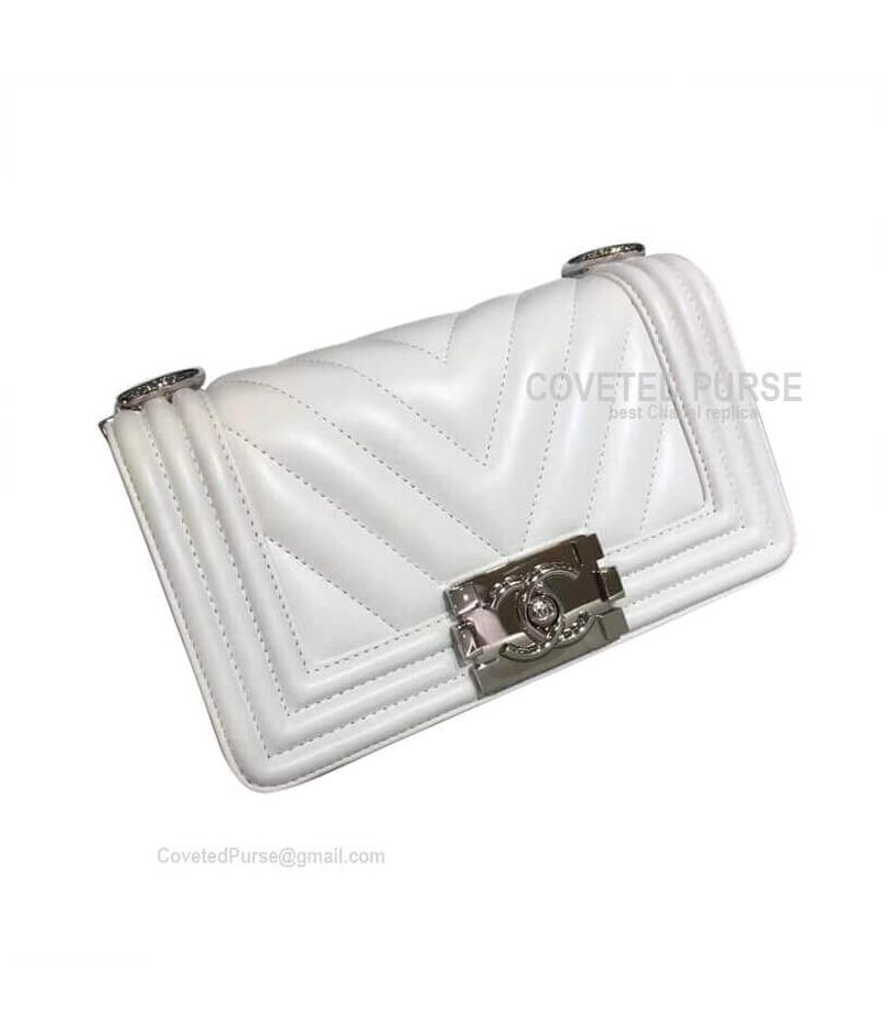 Chanel Boy Bag Small In White Lambskin Chevron With Shiny Silver HW