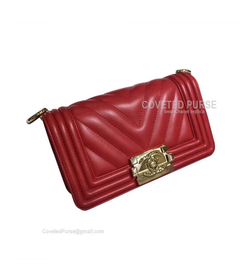 Chanel Boy Bag Small In Red Lambskin Chevron With Shiny Gold HW