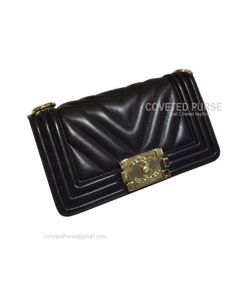 Chanel Boy Bag Small In Black Lambskin Chevron With Shiny Gold HW