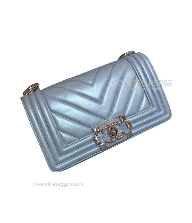 Chanel Boy Bag Small In Pearl Blue Lambskin Chevron With Shiny Silver HW