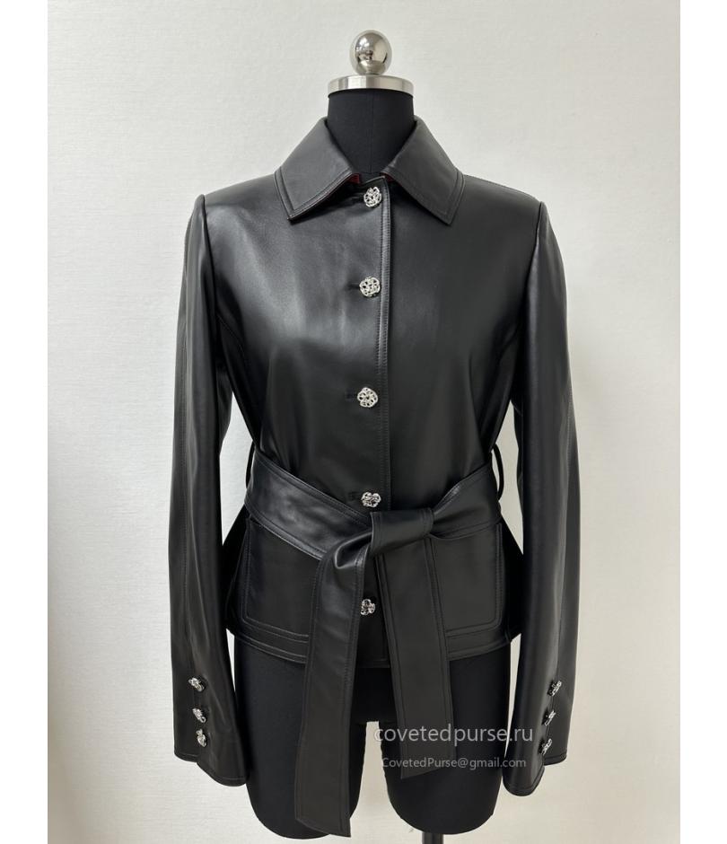 Chanel Belted Leather Jacket Black with Burgundy Collar