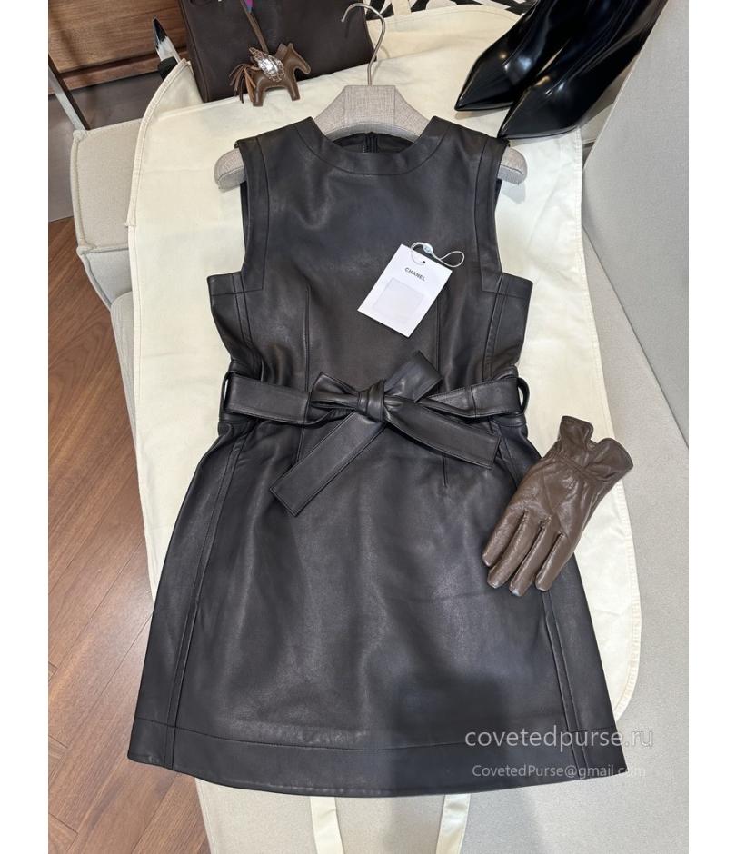Chanel Belted Sleeveless Leather Dress Black
